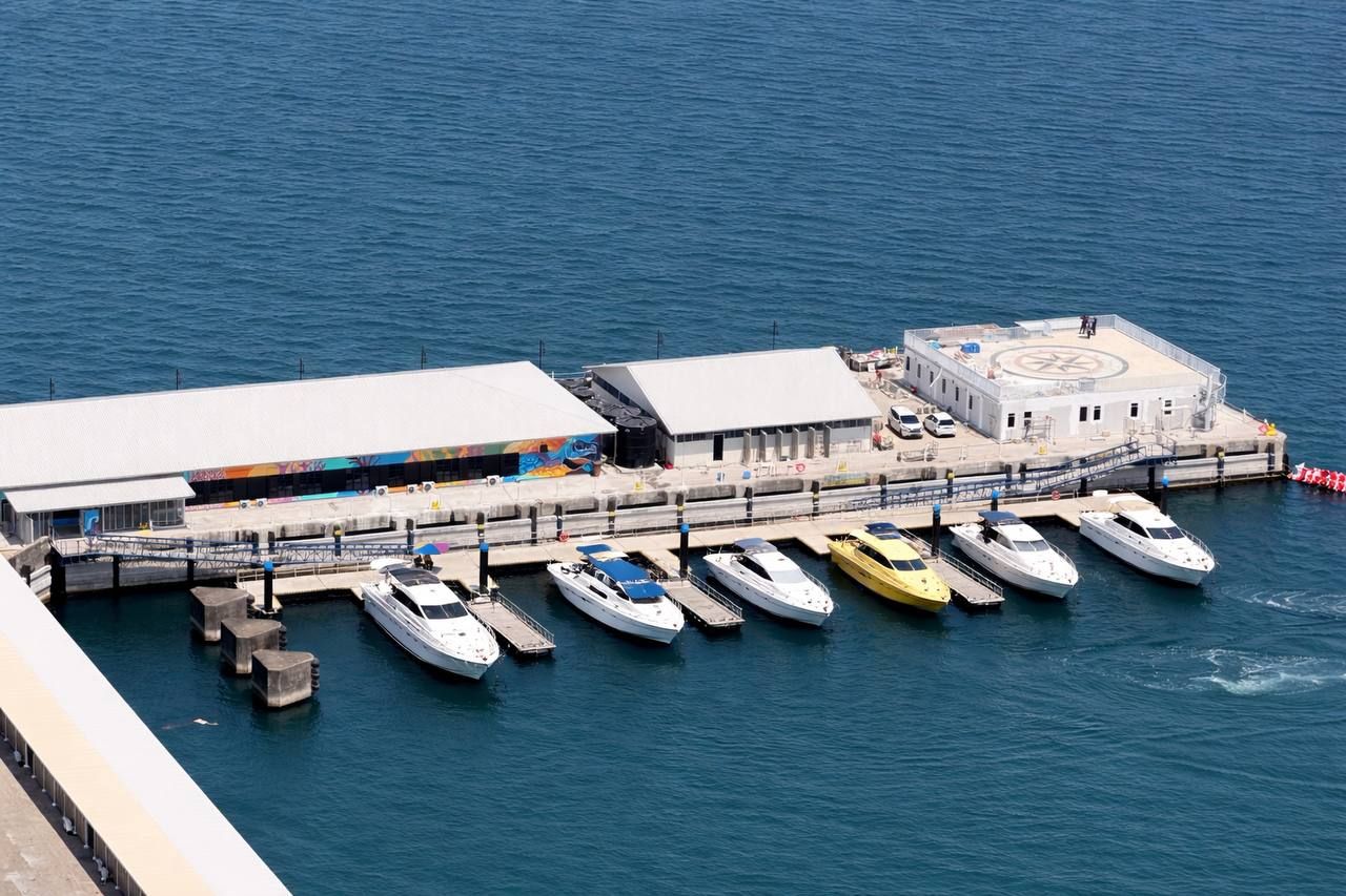 Aerial view of Jesselton Point jetty with boats docked
